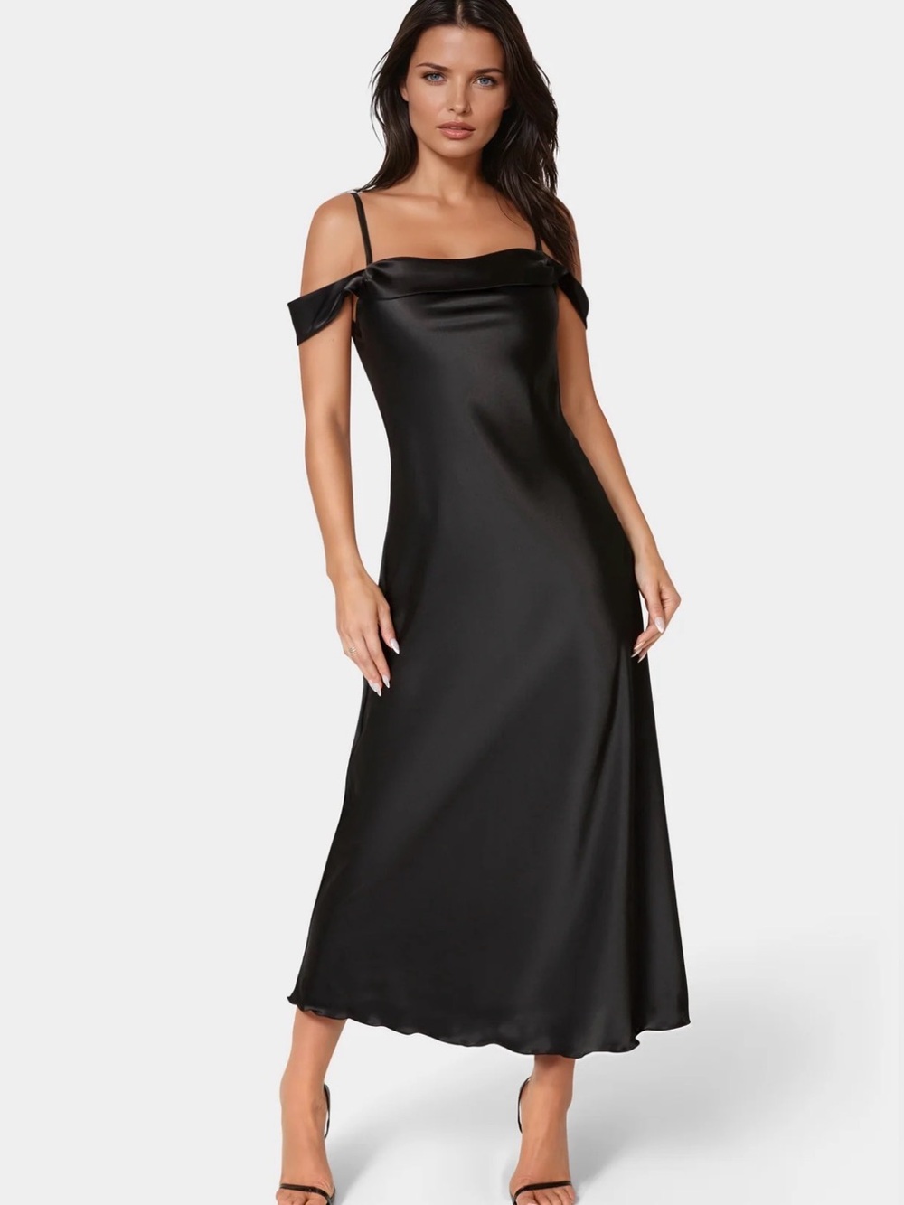 bebe Black Satin Drape Shoulder Slip Maxi Dress. Size M. MSRP $159